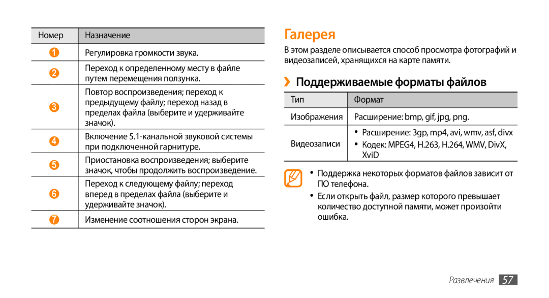 Samsung GT-I5800CWASEB, GT-I5800DKASEB, GT-I5800DKASER, GT-I5800CWASER manual Галерея, ››Поддерживаемые форматы файлов 