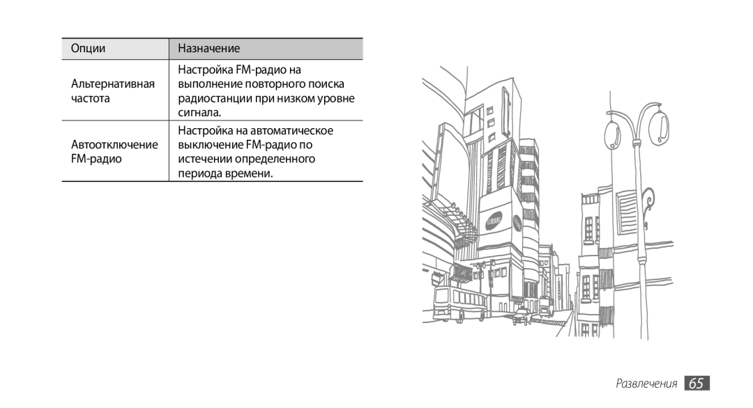 Samsung GT-I5800CWASEB manual Опции Назначение Настройка FM-радио на, Частота, Сигнала, Настройка на автоматическое 