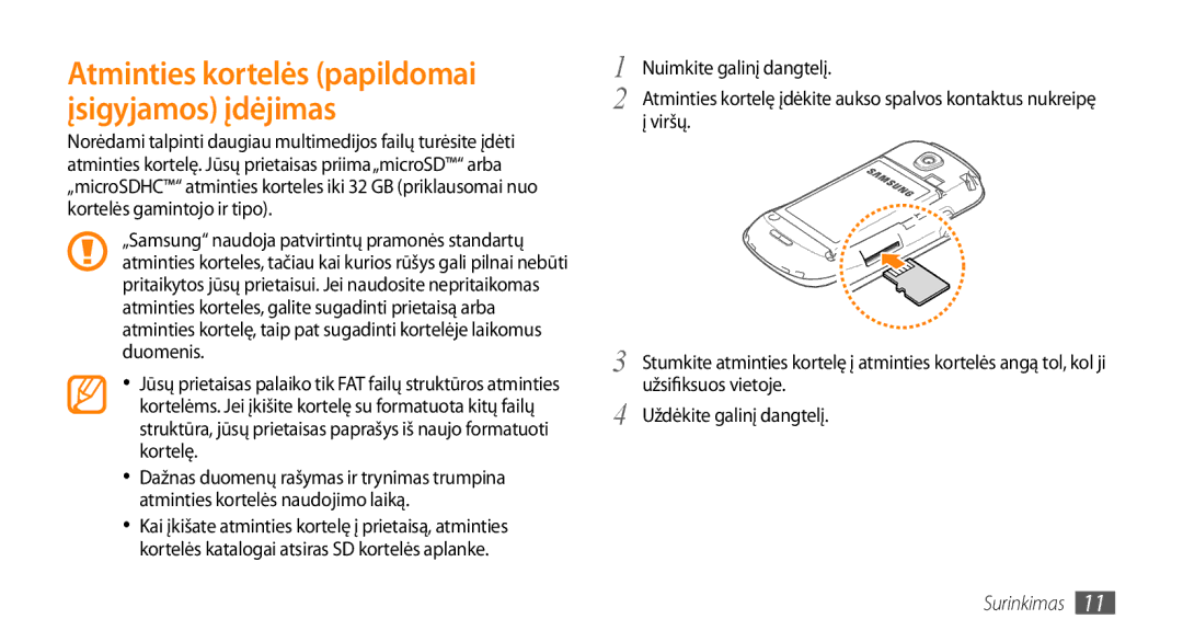 Samsung GT-I5800CWASEB, GT-I5800DKASEB manual Atminties kortelės papildomai įsigyjamos įdėjimas 