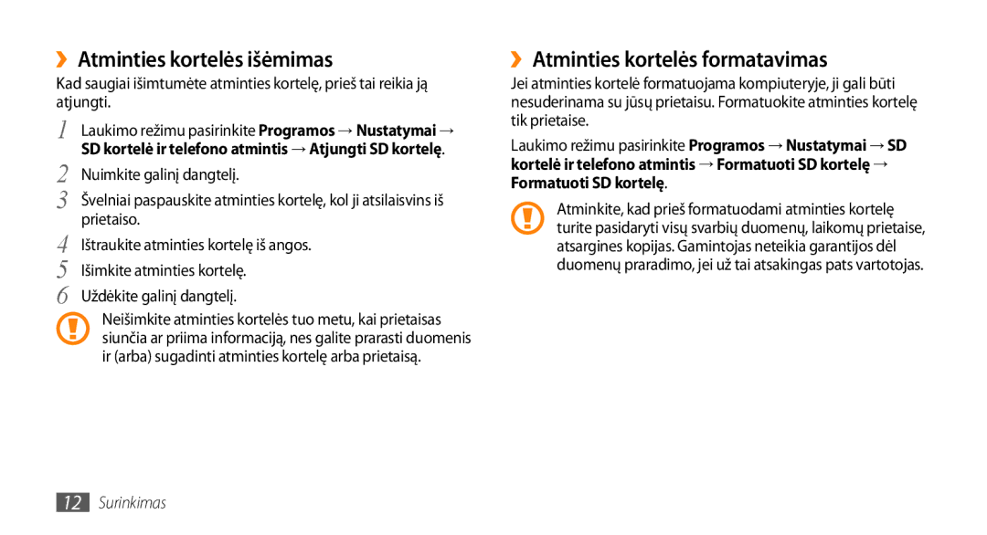 Samsung GT-I5800DKASEB, GT-I5800CWASEB manual ››Atminties kortelės išėmimas, ››Atminties kortelės formatavimas 