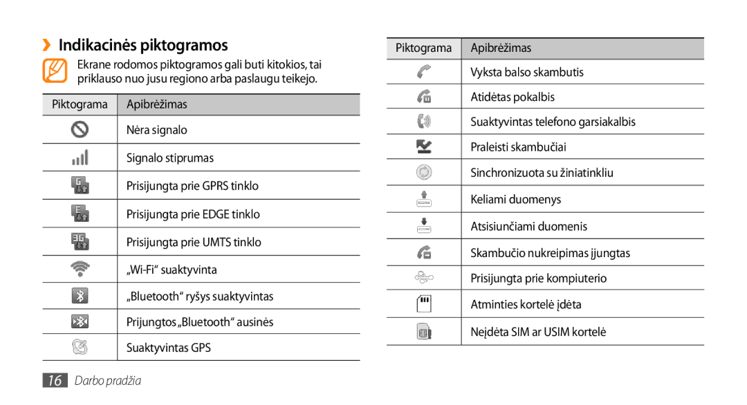 Samsung GT-I5800DKASEB, GT-I5800CWASEB manual ››Indikacinės piktogramos 