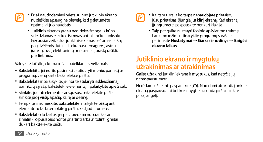 Samsung GT-I5800DKASEB, GT-I5800CWASEB manual Jutiklinio ekrano ir mygtukų užrakinimas ar atrakinimas 