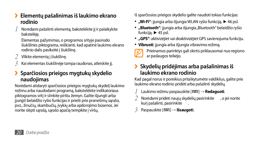 Samsung GT-I5800DKASEB, GT-I5800CWASEB manual ››Elementų pašalinimas iš laukimo ekrano rodinio, → Redaguoti 