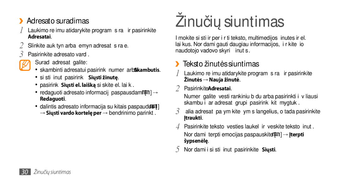 Samsung GT-I5800DKASEB, GT-I5800CWASEB manual Žinučių siuntimas, ››Adresato suradimas, ››Teksto žinutės siuntimas 