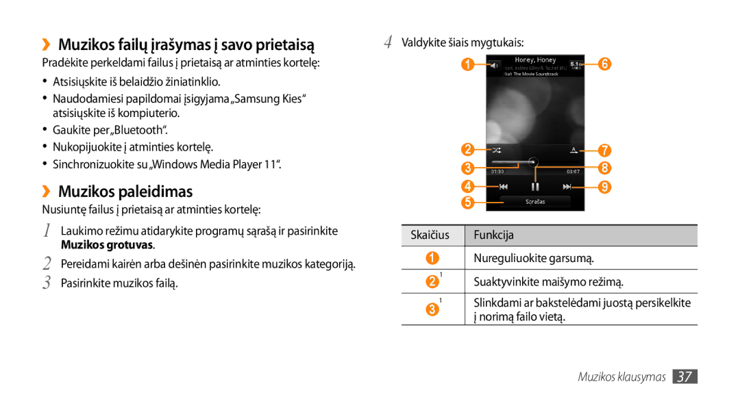 Samsung GT-I5800CWASEB, GT-I5800DKASEB manual ››Muzikos paleidimas, Muzikos grotuvas, Muzikos klausymas 