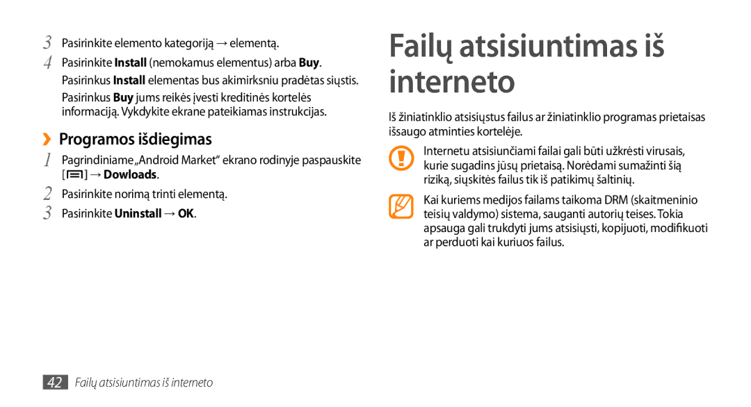 Samsung GT-I5800DKASEB, GT-I5800CWASEB manual ››Programos išdiegimas, → Dowloads, Failų atsisiuntimas iš interneto 