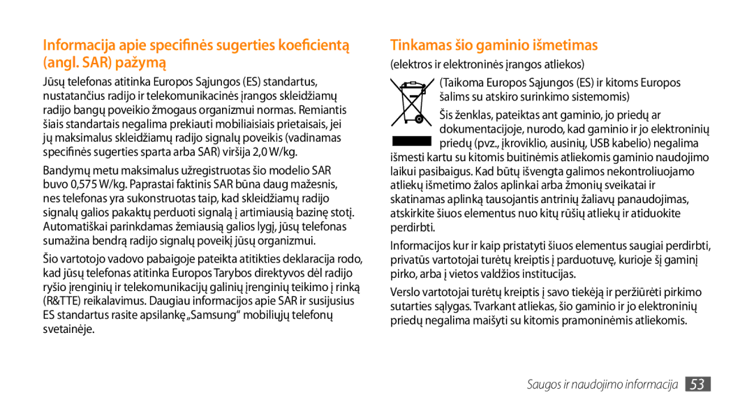 Samsung GT-I5800CWASEB, GT-I5800DKASEB manual Tinkamas šio gaminio išmetimas, Elektros ir elektroninės įrangos atliekos 