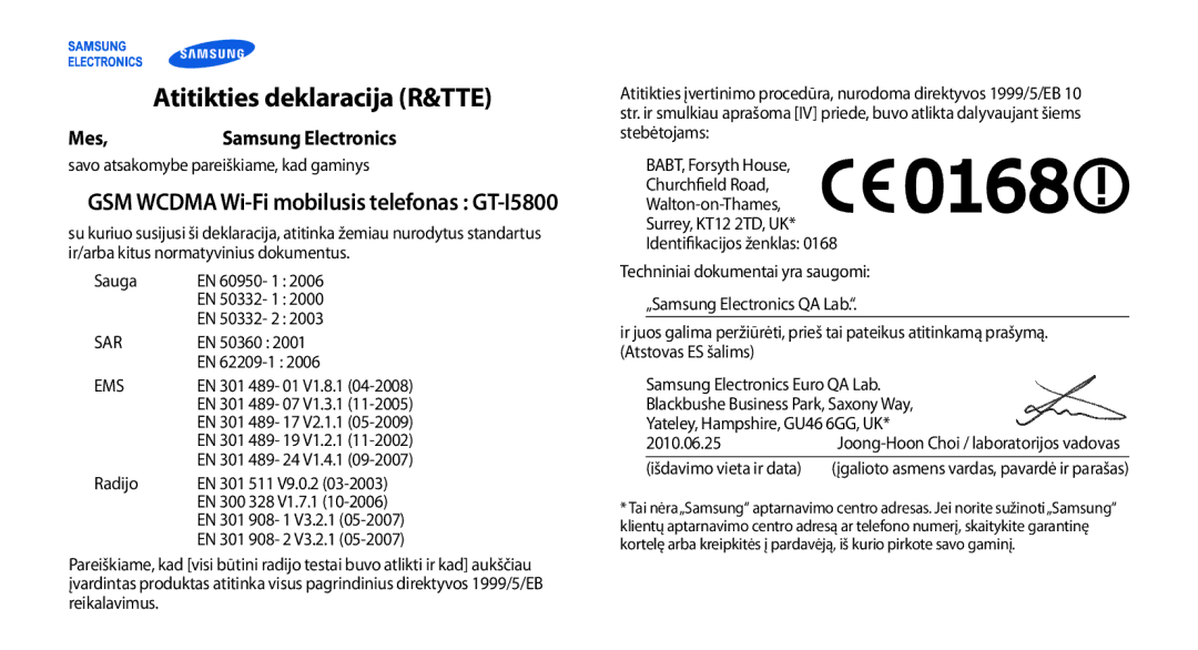 Samsung GT-I5800DKASEB, GT-I5800CWASEB manual Mes Samsung Electronics, GSM Wcdma Wi-Fi mobilusis telefonas GT-I5800 