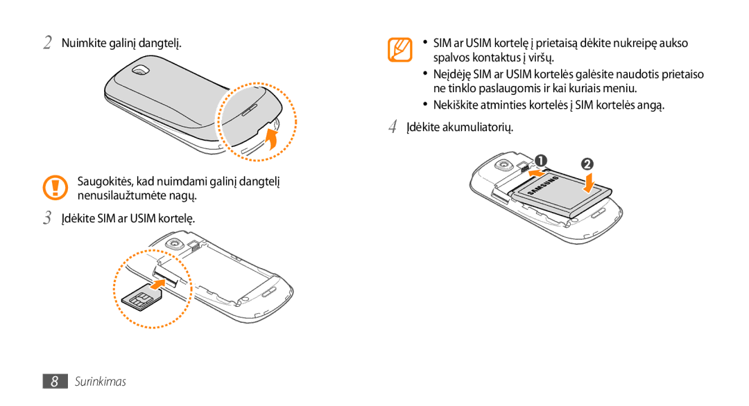 Samsung GT-I5800DKASEB, GT-I5800CWASEB manual Nuimkite galinį dangtelį, Spalvos kontaktus į viršų 