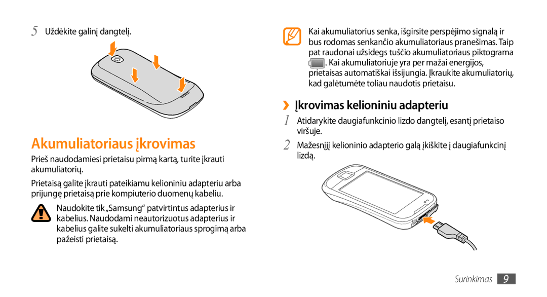 Samsung GT-I5800CWASEB manual Akumuliatoriaus įkrovimas, ››Įkrovimas kelioniniu adapteriu, Uždėkite galinį dangtelį 