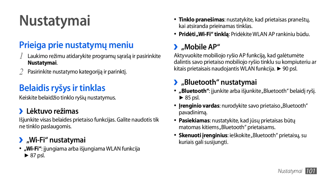 Samsung GT-I5800CWASEB, GT-I5800DKASEB manual Nustatymai, Prieiga prie nustatymų meniu, Belaidis ryšys ir tinklas 