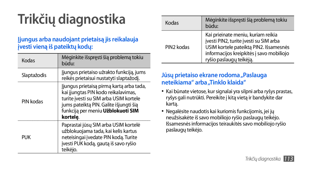 Samsung GT-I5800CWASEB, GT-I5800DKASEB manual Trikčių diagnostika 