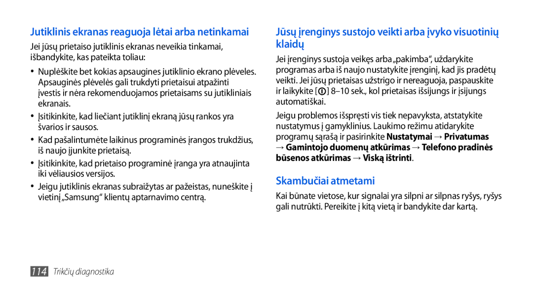 Samsung GT-I5800DKASEB, GT-I5800CWASEB manual Jūsų įrenginys sustojo veikti arba įvyko visuotinių klaidų 