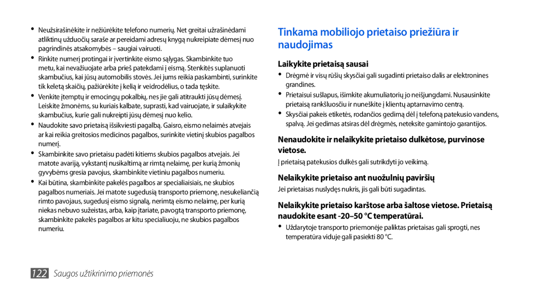 Samsung GT-I5800DKASEB, GT-I5800CWASEB manual Tinkama mobiliojo prietaiso priežiūra ir naudojimas 