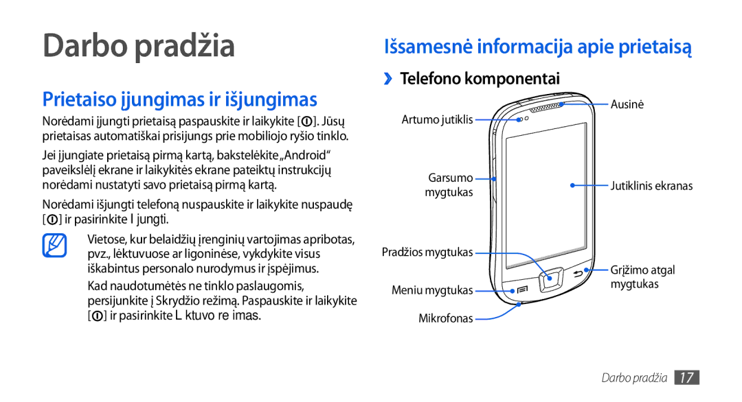 Samsung GT-I5800CWASEB, GT-I5800DKASEB manual Darbo pradžia, ››Telefono komponentai 