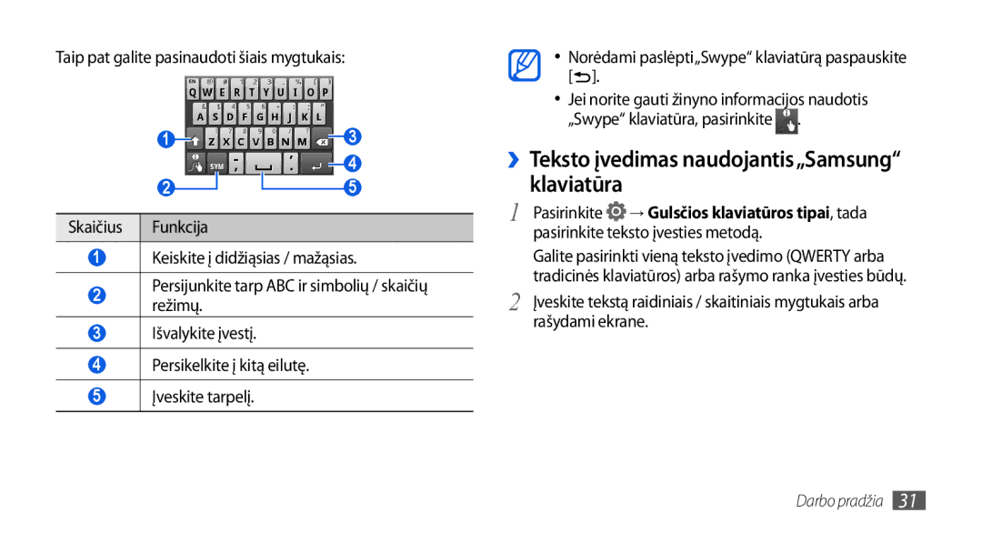 Samsung GT-I5800CWASEB ››Teksto įvedimas naudojantis„Samsung klaviatūra, Pasirinkite → Gulsčios klaviatūros tipai, tada 