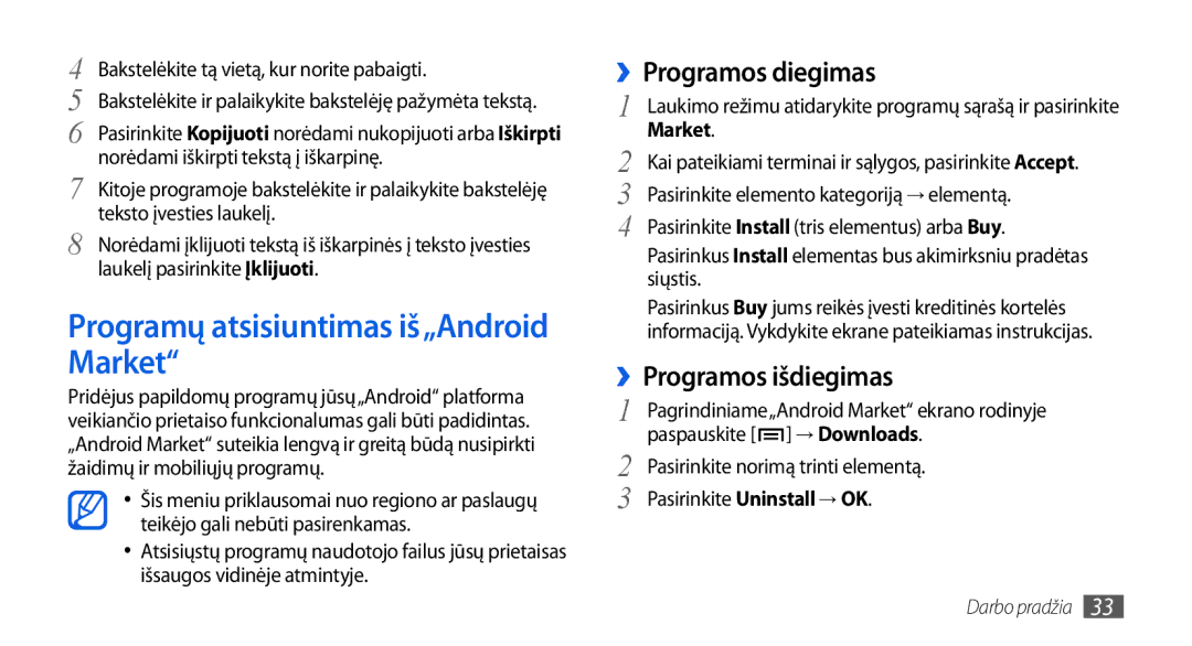 Samsung GT-I5800CWASEB manual Programų atsisiuntimas iš„Android Market, ››Programos diegimas, ››Programos išdiegimas 