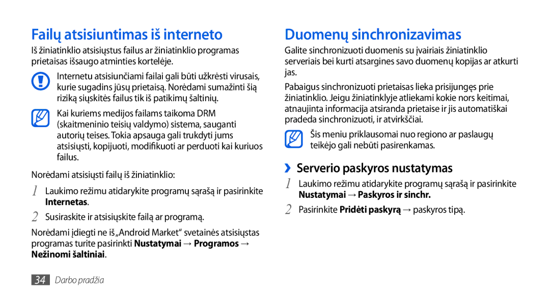 Samsung GT-I5800DKASEB manual Failų atsisiuntimas iš interneto, Duomenų sinchronizavimas, ››Serverio paskyros nustatymas 