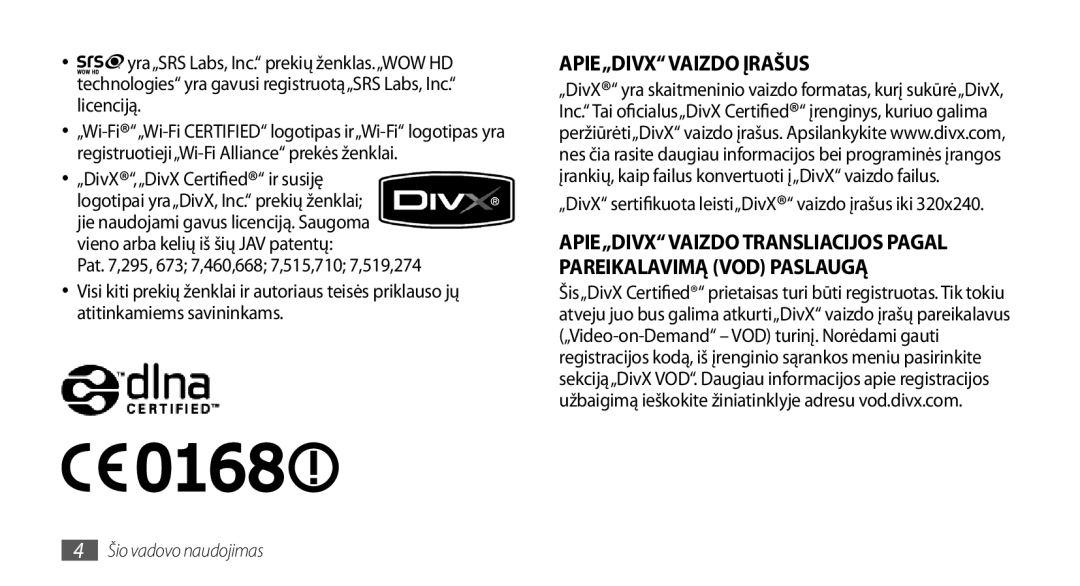 Samsung GT-I5800DKASEB, GT-I5800CWASEB manual APIE„DIVX Vaizdo Įrašus 