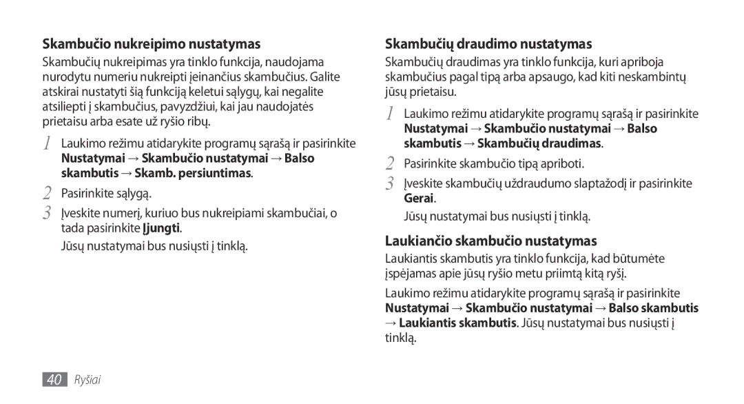 Samsung GT-I5800DKASEB, GT-I5800CWASEB manual Skambutis → Skamb. persiuntimas, Skambutis → Skambučių draudimas, Gerai 