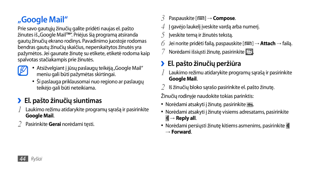 Samsung GT-I5800DKASEB, GT-I5800CWASEB manual „Google Mail, ››El. pašto žinučių siuntimas, → Reply all, → Forward 