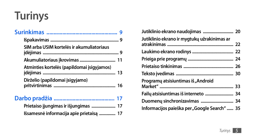 Samsung GT-I5800CWASEB, GT-I5800DKASEB manual Turinys, Programų atsisiuntimas iš„Android 