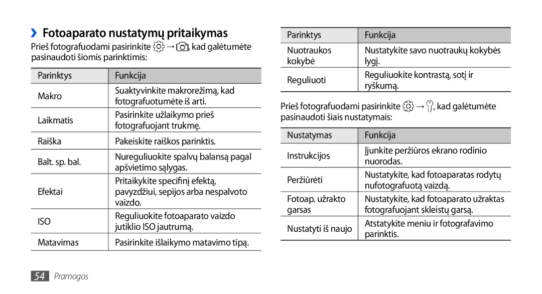 Samsung GT-I5800DKASEB, GT-I5800CWASEB manual ››Fotoaparato nustatymų pritaikymas 