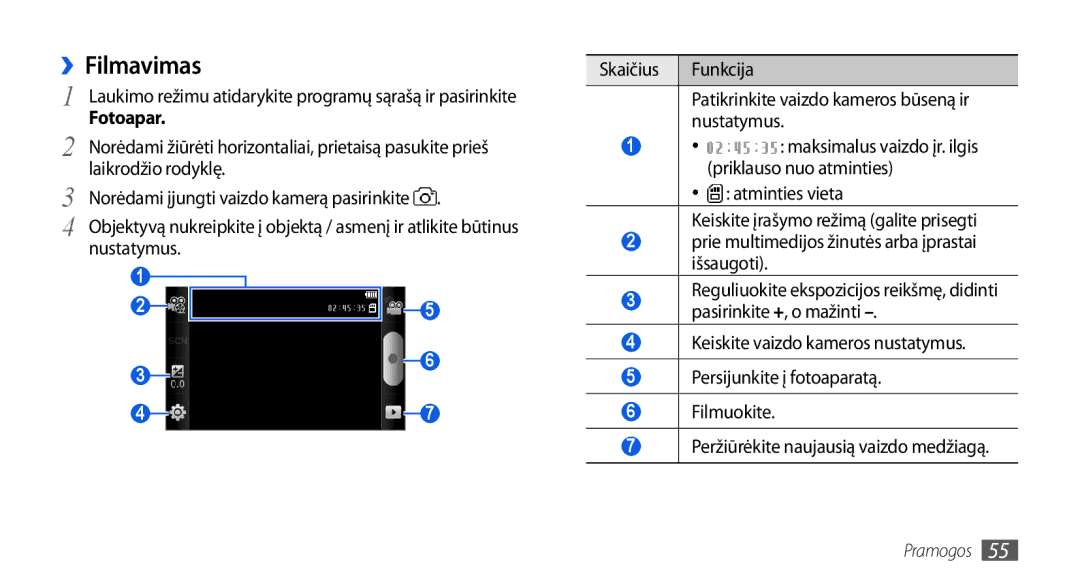 Samsung GT-I5800CWASEB, GT-I5800DKASEB manual ››Filmavimas, Nustatymus 