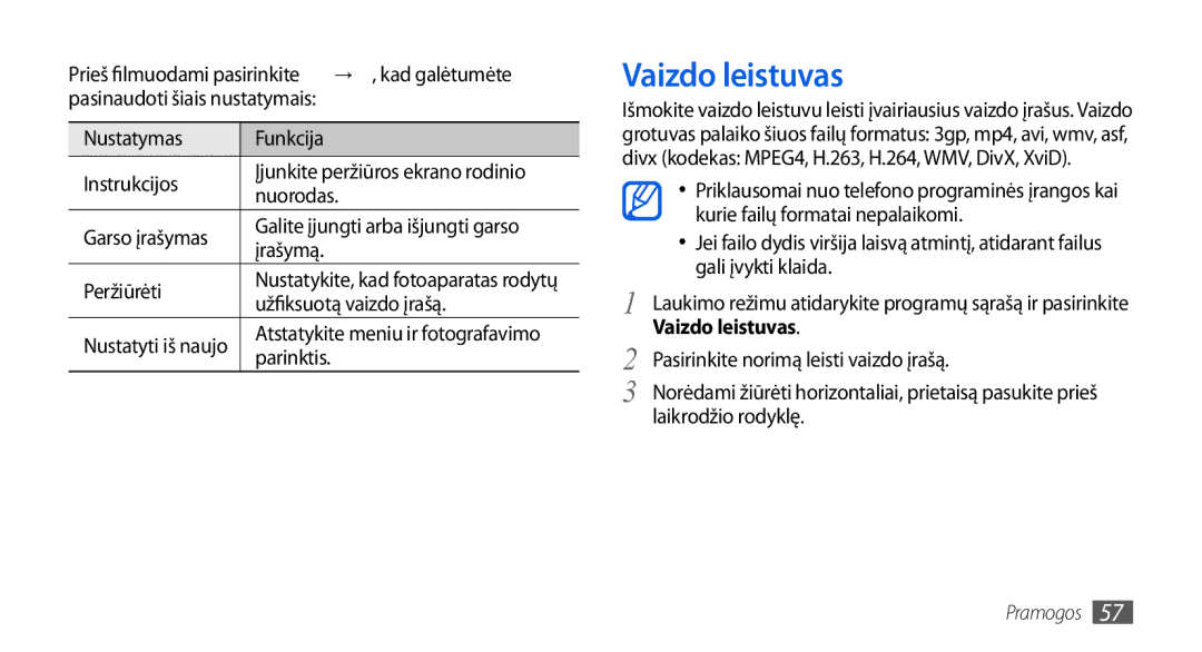 Samsung GT-I5800CWASEB, GT-I5800DKASEB manual Vaizdo leistuvas 