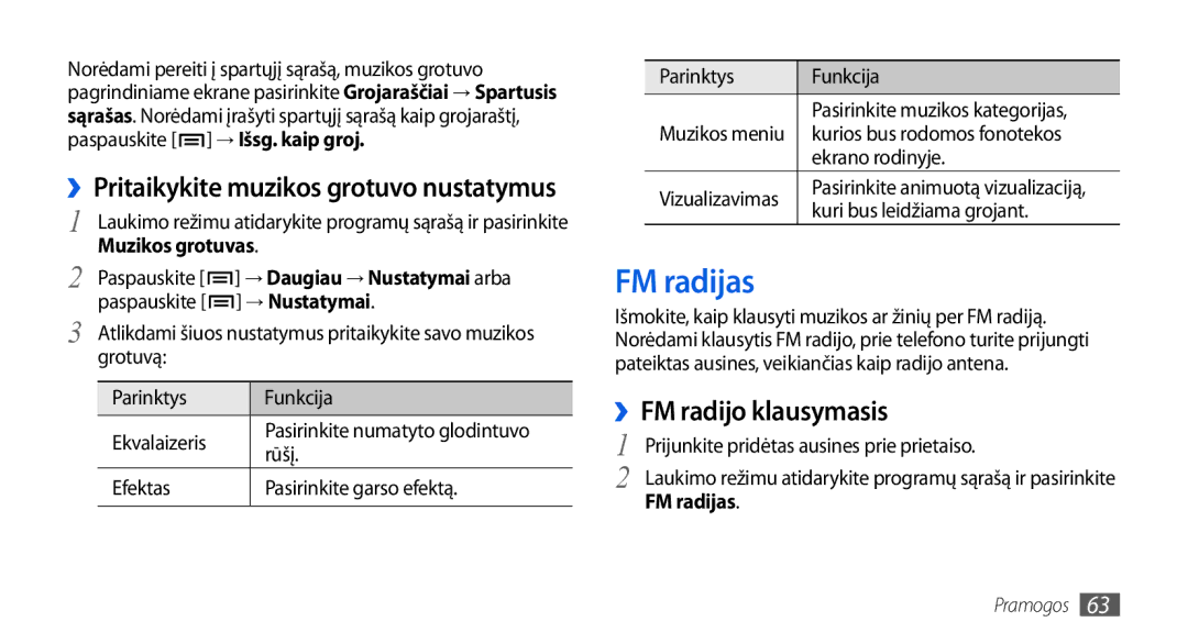 Samsung GT-I5800CWASEB, GT-I5800DKASEB manual FM radijas, ››FM radijo klausymasis, ››Pritaikykite muzikos grotuvo nustatymus 