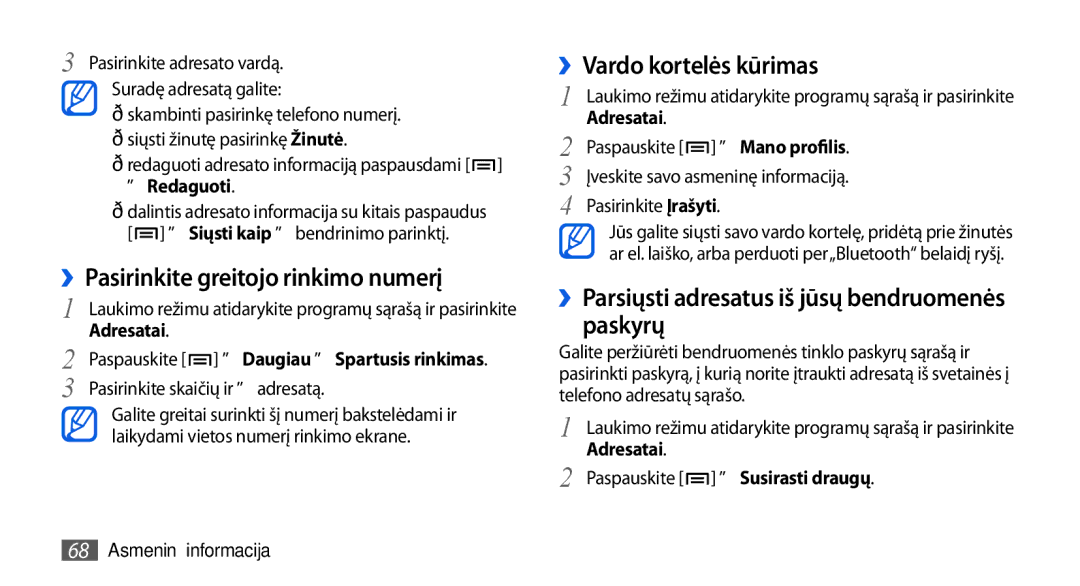 Samsung GT-I5800DKASEB manual ››Pasirinkite greitojo rinkimo numerį, ››Vardo kortelės kūrimas, → Redaguoti, Adresatai 