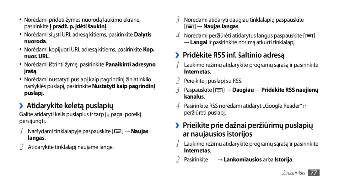 Samsung GT-I5800CWASEB, GT-I5800DKASEB manual ››Atidarykite keletą puslapių, ››Pridėkite RSS inf. šaltinio adresą 