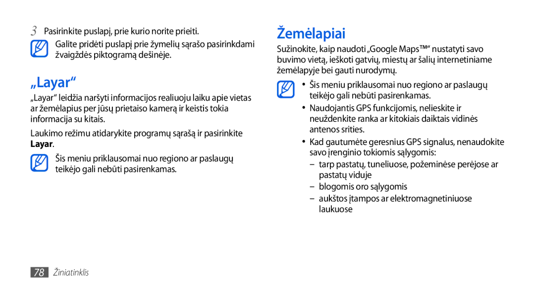 Samsung GT-I5800DKASEB, GT-I5800CWASEB manual „Layar, Žemėlapiai, Pasirinkite puslapį, prie kurio norite prieiti 