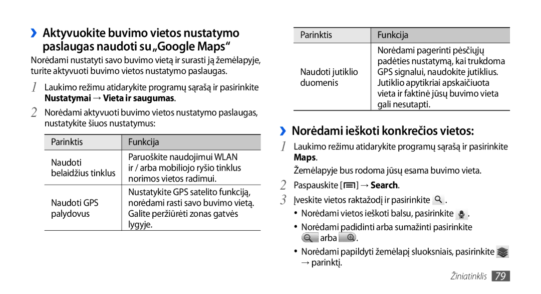 Samsung GT-I5800CWASEB, GT-I5800DKASEB manual ››Norėdami ieškoti konkrečios vietos, Nustatymai → Vieta ir saugumas, Maps 