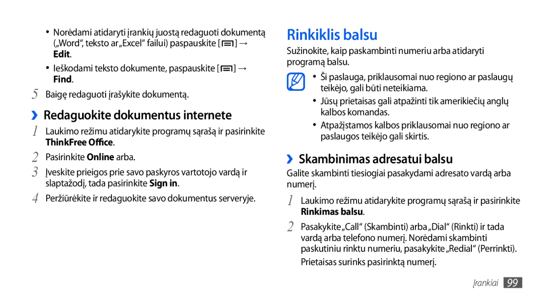 Samsung GT-I5800CWASEB, GT-I5800DKASEB manual Rinkiklis balsu, ››Skambinimas adresatui balsu 