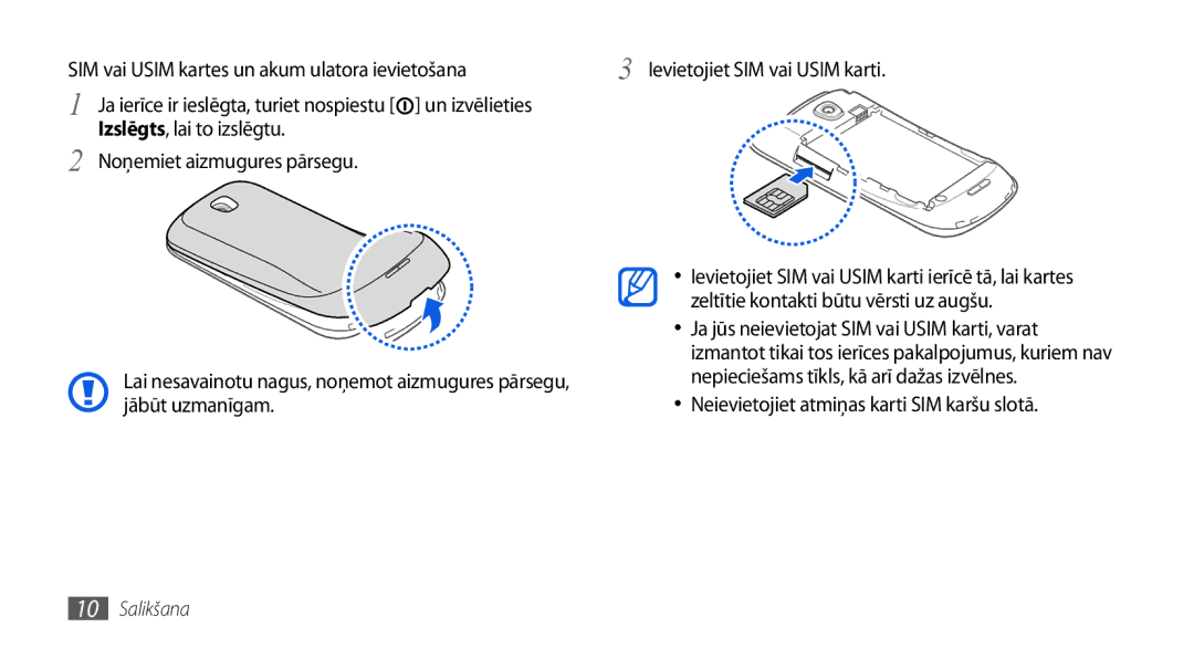 Samsung GT-I5800DKASEB manual SIM vai Usim kartes un akum ulatora ievietošana, Zeltītie kontakti būtu vērsti uz augšu 