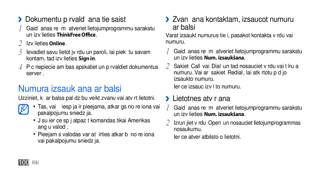 Samsung GT-I5800DKASEB manual Numura izsaukšana ar balsi, ››Dokumentu pārvaldīšana tiešsaistē, ››Lietotnes atvēršana 