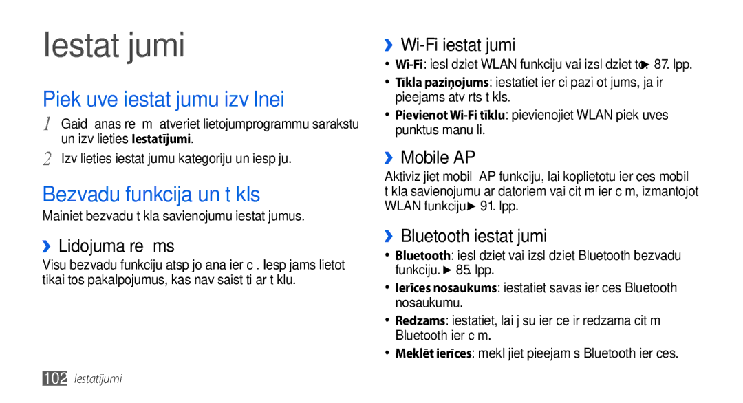 Samsung GT-I5800DKASEB, GT-I5800CWASEB manual Iestatījumi, Piekļuve iestatījumu izvēlnei, Bezvadu funkcija un tīkls 