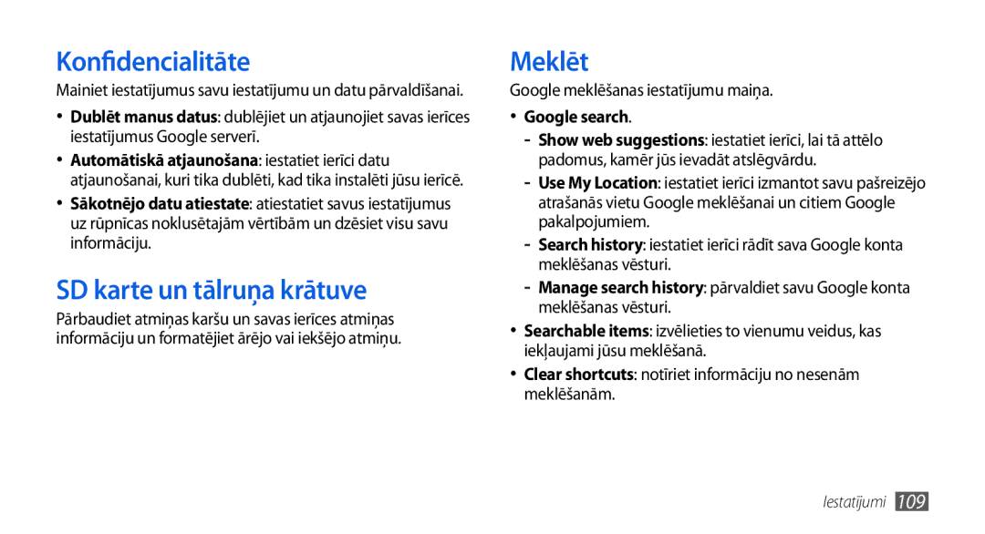 Samsung GT-I5800CWASEB manual Konfidencialitāte, SD karte un tālruņa krātuve, Meklēt, Google meklēšanas iestatījumu maiņa 