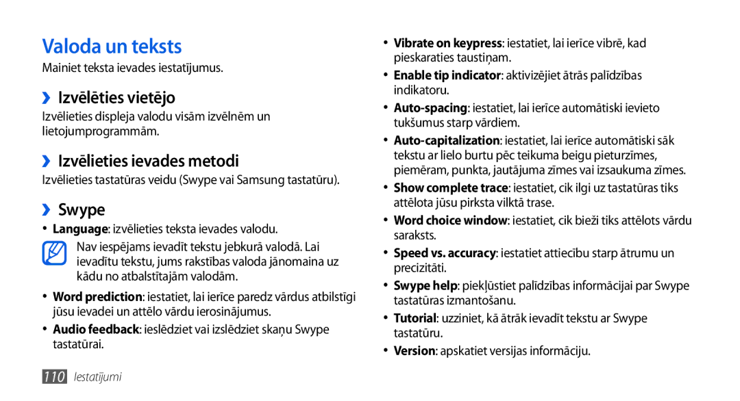 Samsung GT-I5800DKASEB, GT-I5800CWASEB manual Valoda un teksts, ››Izvēlēties vietējo, ››Izvēlieties ievades metodi, ››Swype 