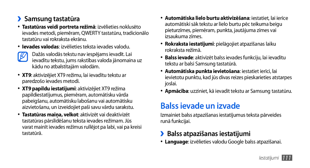 Samsung GT-I5800CWASEB, GT-I5800DKASEB manual Balss ievade un izvade, ››Samsung tastatūra, ››Balss atpazīšanas iestatījumi 