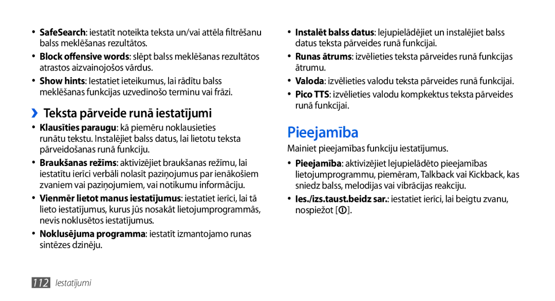 Samsung GT-I5800DKASEB manual Pieejamība, ››Teksta pārveide runā iestatījumi, Mainiet pieejamības funkciju iestatījumus 