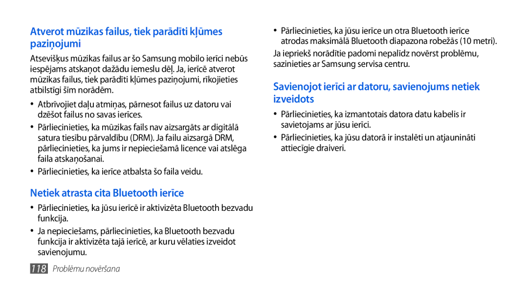 Samsung GT-I5800DKASEB, GT-I5800CWASEB manual Atverot mūzikas failus, tiek parādīti kļūmes paziņojumi 