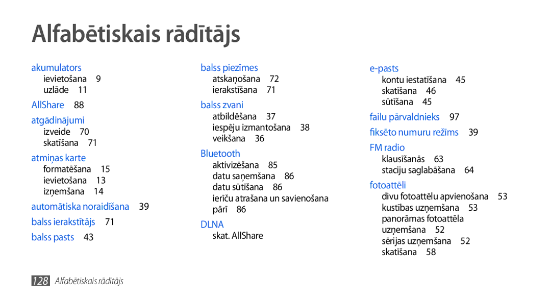 Samsung GT-I5800DKASEB, GT-I5800CWASEB manual Alfabētiskais rādītājs, Ierīču atrašana un savienošana pārī , Skat. AllShare 