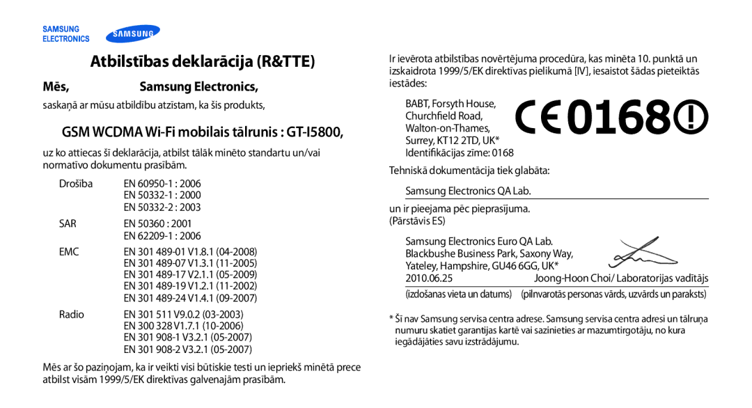 Samsung GT-I5800CWASEB, GT-I5800DKASEB manual Atbilstības deklarācija R&TTE, Mēs Samsung Electronics 