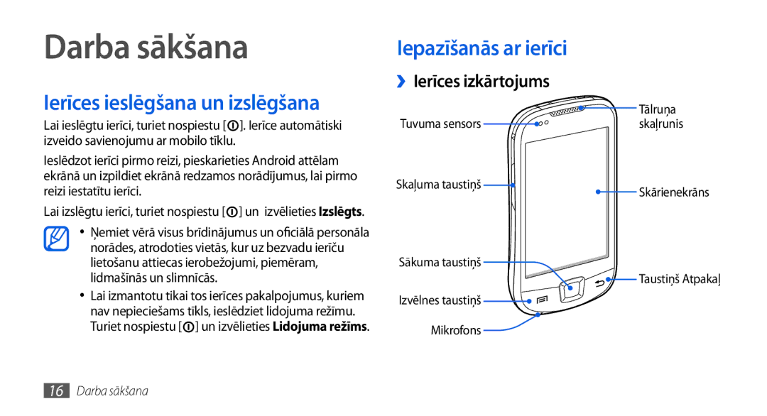 Samsung GT-I5800DKASEB, GT-I5800CWASEB manual Darba sākšana, Ierīces ieslēgšana un izslēgšana, ››Ierīces izkārtojums 