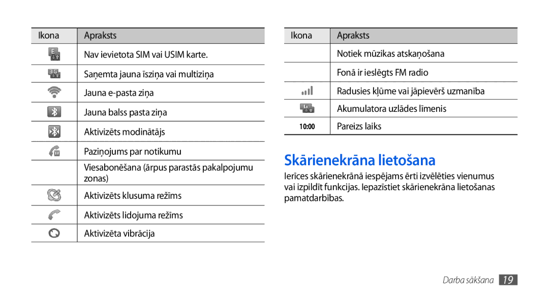 Samsung GT-I5800CWASEB, GT-I5800DKASEB manual Skārienekrāna lietošana, Akumulatora uzlādes līmenis, Pareizs laiks 