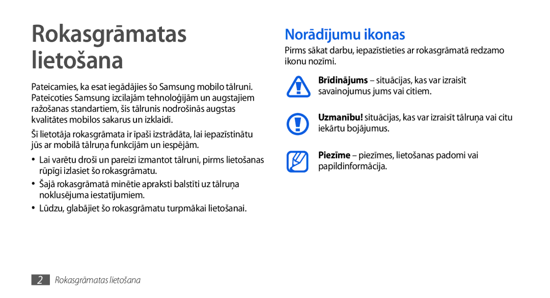 Samsung GT-I5800DKASEB, GT-I5800CWASEB manual Rokasgrāmatas Lietošana, Norādījumu ikonas 