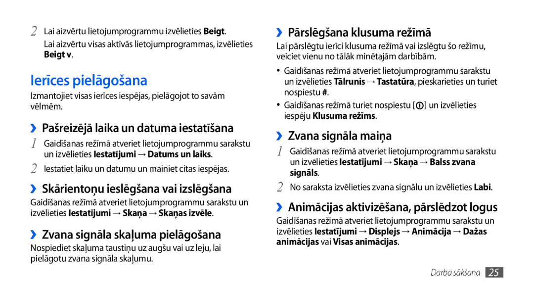 Samsung GT-I5800CWASEB manual Ierīces pielāgošana, ››Zvana signāla skaļuma pielāgošana, ››Pārslēgšana klusuma režīmā 