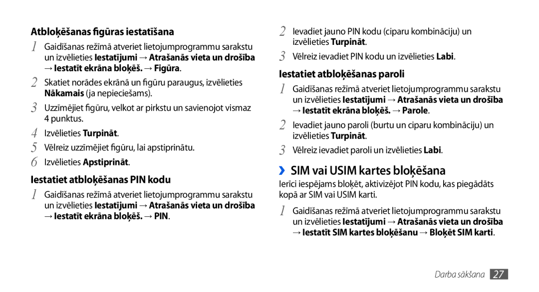 Samsung GT-I5800CWASEB, GT-I5800DKASEB manual ››SIM vai Usim kartes bloķēšana, → Iestatīt ekrāna bloķēš. → Figūra 